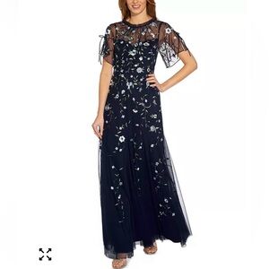 Elegant Navy blue Floral Embroidered split sleeve gown